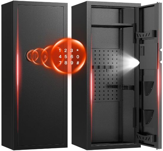 Picture of RYCUZO 12-15 Gun Cabinet, Quick Access Long Gun Safe for Home Rifles and Pistols, Large Unassembled Rifle Safe with Removable Shelves, Digital Keypad, Pegboard